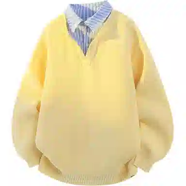 欧迪芬 港式情侣款奶黄色复古假两件衬衫立领上衣秋季毛衣女生美式宽松高街百搭休闲外套卫衣女士慵懒简约纯色显瘦潮流潮牌学生毛衣 女款