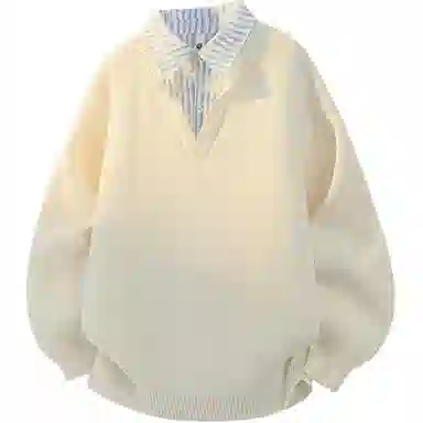 欧迪芬 港式情侣款奶黄色复古假两件衬衫立领上衣秋季毛衣女生美式宽松高街百搭休闲外套卫衣女士慵懒简约纯色显瘦潮流潮牌学生毛衣 女款