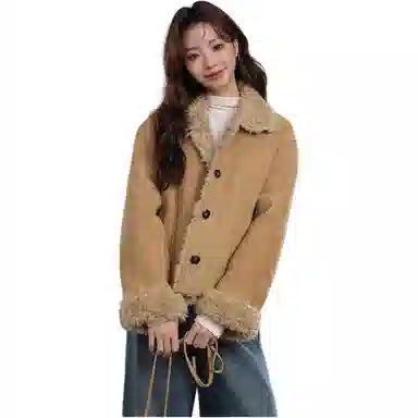 邓大喵 短款冬季皮毛一体麂皮加绒上衣女外套 女款