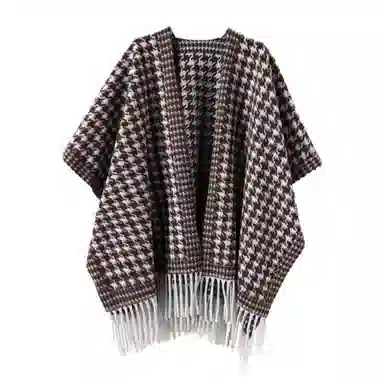 心水好物 经典千鸟格秋冬季双面外搭仿羊绒高级感保暖流苏斗篷 聚酯纤维 披肩 女款