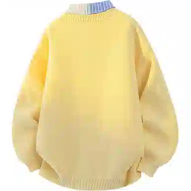 欧迪芬 港式情侣款奶黄色复古假两件衬衫立领上衣秋季毛衣女生美式宽松高街百搭休闲外套卫衣女士慵懒简约纯色显瘦潮流潮牌学生毛衣 女款