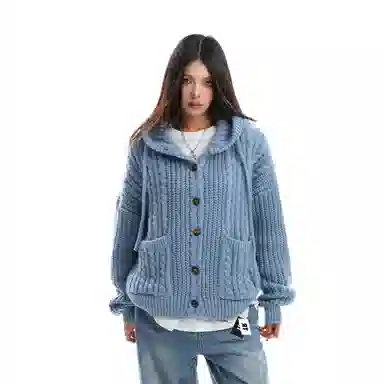 美式复古慵懒风秋冬宽松针织连帽开衫外套毛衣 男女同款