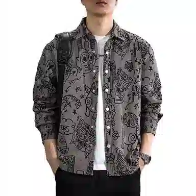 遨宇 美式潮牌趣味满印宽松休闲重磅长袖衬衫 男女同款