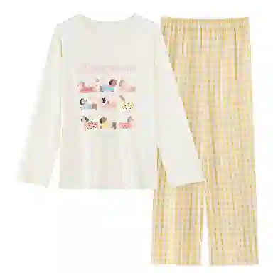 莫代尔 春秋季慵懒个性百搭纯棉圆领套头休闲简约长袖长裤家居服可外穿女士睡衣套装 女款