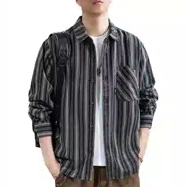 遨宇 高端日系复古设计感条纹宽松翻领痞帅长袖衬衫 男女同款