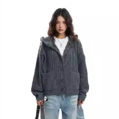 美式复古慵懒风秋冬宽松针织连帽开衫外套毛衣 男女同款