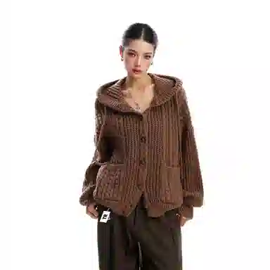 美式复古慵懒风秋冬宽松针织连帽开衫外套毛衣 男女同款