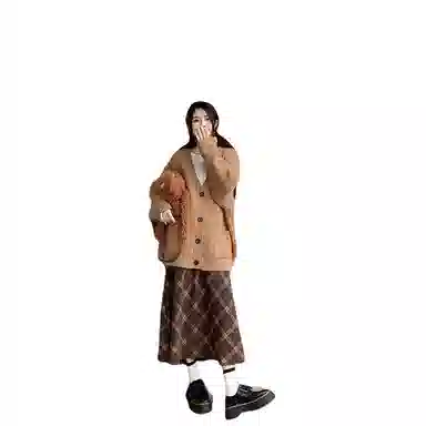 望莱仕 美拉德穿搭秋季慵懒风女针织毛衣开衫格纹裙半身裙长裙两件套裙装套装 女款