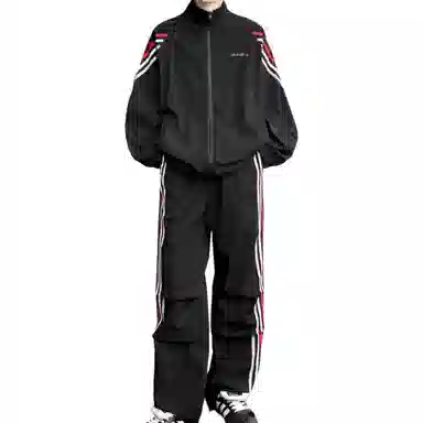 【美式高街三条杠免搭配一套】布客行 明线条纹拼接撞色复古港风舒适百搭日常户外防风防泼水开衫外套长裤子垂感休闲运动套装 男女同款