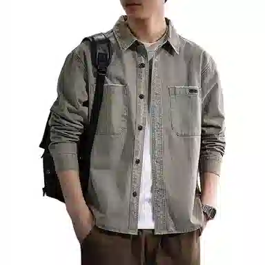 遨宇 美式复古重磅水洗长袖宽松大码翻领衬衣纯棉休闲户外套潮衬衫 男女同款