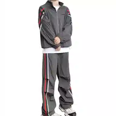 【美式高街三条杠免搭配一套】布客行 明线条纹拼接撞色复古港风舒适百搭日常户外防风防泼水开衫外套长裤子垂感休闲运动套装 男女同款