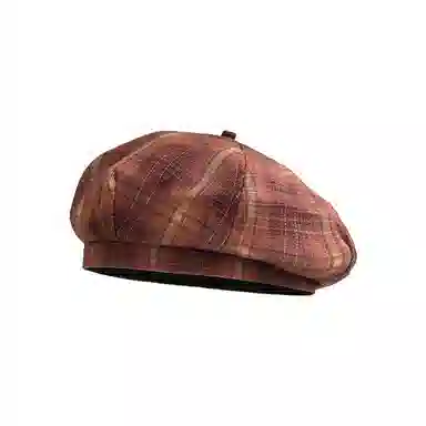 钓鱼熊 日系文艺格纹韩版时尚英伦复古画家帽百搭显脸小 聚酯纤维 贝雷帽 男女同款情侣款