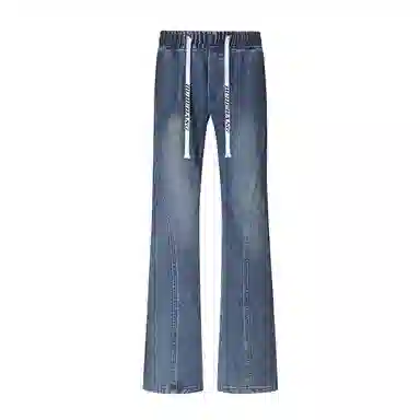 【拼接分割微喇版型】布客行 美式高街修身显高显瘦复古水洗做旧磨白亲肤柔软透气弹力松紧腰系带休闲百搭长裤子直筒阔腿牛仔裤 男女同款