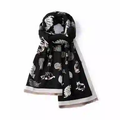 红豆 双面猫咪印花保暖外搭披肩 聚酯纤维 绒线围巾 男女同款情侣款