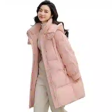 鸭鸭 连帽加厚中长款纯色拉链羽绒服 女款