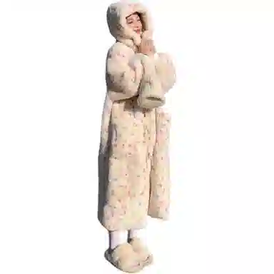 邓大喵 环保兔毛绒年轻超暖牛角扣连帽毛毛外套女冬季加厚毛茸茸大衣皮草 女款