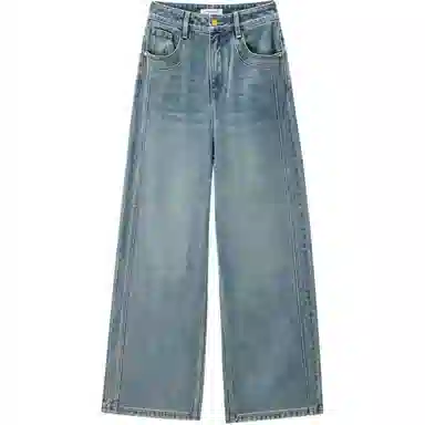 太平鸟 纯色口袋高腰直筒牛仔裤 女款