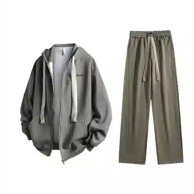 【懒人免搭配】布客行 重磅连帽纯色简约基础款春秋冬季一套开衫针织衫卫衣美式复古高街直筒中腰显高显瘦宽松百搭休闲运动套装 男女同款