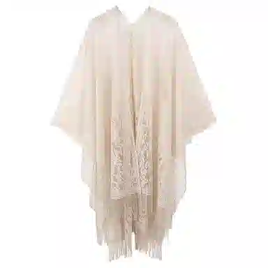 优幽兰 时尚百搭米色镂空流苏配旗袍披风外搭薄款超仙气质斗篷古风高级感开衫防晒衫 蕾丝 披肩 女款