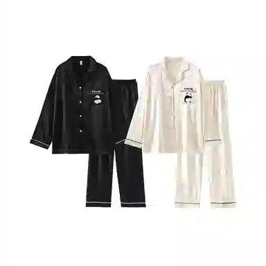 静英鸾 情侣休闲简约设计长袖长裤翻领卡通熊猫图案家居服睡衣套装 男女同款