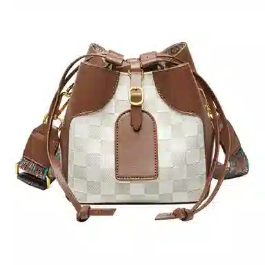 纳兰杜 大容量休闲简约设计抽绳开合 牛皮 水桶包手提单肩包 中号 女款 米白配棕