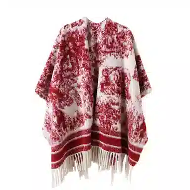 浪莎 复古名族风水墨画双面宽松流苏百搭保暖上衣外搭 聚酯纤维 披肩 女款