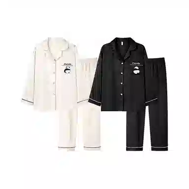 静英鸾 情侣休闲简约设计长袖长裤翻领卡通熊猫图案家居服睡衣套装 男女同款