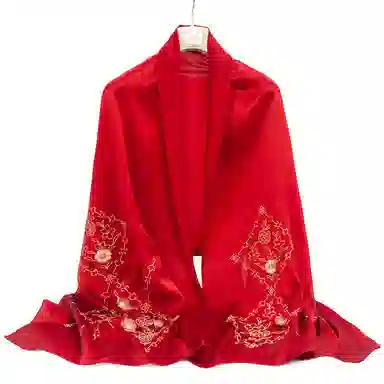 一米画纱 古典中式国风花朵精致优雅真丝刺绣素绉缎长巾丝韵系列 桑蚕丝 丝巾 女款