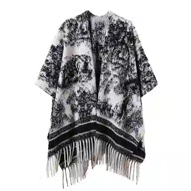浪莎 复古名族风水墨画双面宽松流苏百搭保暖上衣外搭 聚酯纤维 披肩 女款