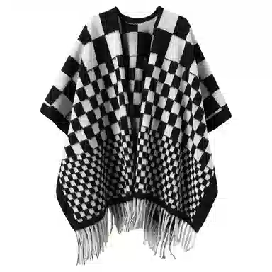 浪莎 时尚密码格纹双面仿羊绒秋冬季外搭高级感保暖流苏围巾斗蓬 聚酯纤维 披肩 女款
