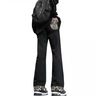 【豹富豹帅豹时尚】布客行 麂皮绒豹纹拼接美式复古高街垂感显高显瘦显腿长直筒弹力柔软舒适休闲百搭水洗做旧微喇阔腿牛仔裤 男女同款