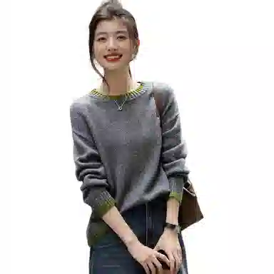 【dme】 冬季简约风绣花线衫拼色圆领宽松丰盈蓬松绵羊毛保暖显瘦百搭休闲针织衫 女款