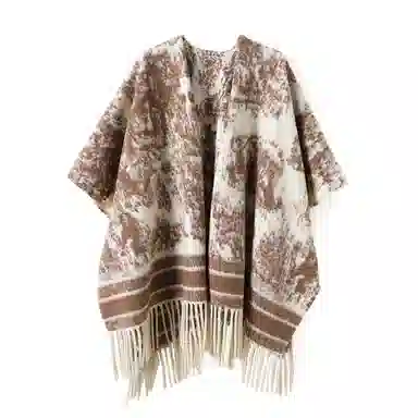 浪莎 复古名族风水墨画双面宽松流苏百搭保暖上衣外搭 聚酯纤维 披肩 女款