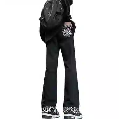 【豹富豹帅豹时尚】布客行 麂皮绒豹纹拼接美式复古高街垂感显高显瘦显腿长直筒弹力柔软舒适休闲百搭水洗做旧微喇阔腿牛仔裤 男女同款