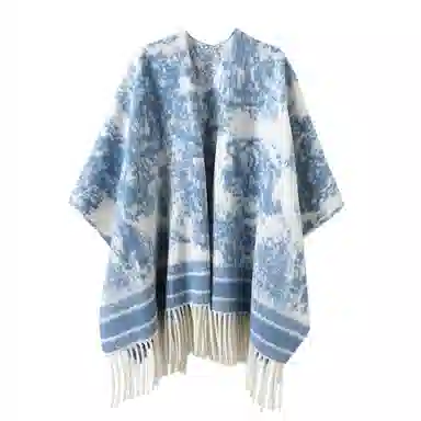 浪莎 复古名族风水墨画双面宽松流苏百搭保暖上衣外搭 聚酯纤维 披肩 女款