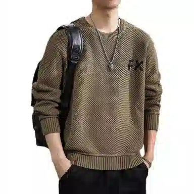 遨宇 美式潮牌休闲痞帅极简风字母刺绣秋冬款居家中性风宽松大码圆领外套针织衫 男女同款