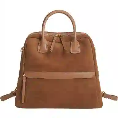 妙迪 早秋人气款秋冬美拉德复古品位牛皮品质独特背包 麂皮 双肩包 中号 女款 焦糖棕