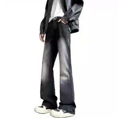 洋气先生 美式高街复古做旧水洗渐变磨白微喇百搭时尚纯色直筒闪电纹设计宽松舒适休闲中腰显高显瘦垂感拖地日常高级感穿搭牛仔裤 男女同款