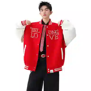 【dme】  潮流时尚设计款美式复古珍珠字母撞色拼接夹克外套男秋季宽松休闲情侣百搭中性棒球服 男女同款