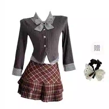 涂诗菲 格子修身高腰适中长袖裙装套装 女款