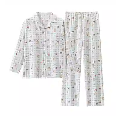 静英鸾 带胸垫长袖长裤翻领开衫卡通格子兔子小熊家居服睡衣套装 女款