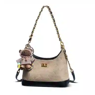 老人头 高级感韩版小众设计美式复古菱格小香风百搭时尚高颜值通勤休闲约会手拎手提腋下包斜挎包女 牛皮拼织物 单肩包 常规 女款 胡桃色