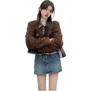 邓大喵 小香风羊羔毛外套女秋冬小个子加绒加厚短款毛毛环保皮草 女款