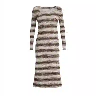 潞优野 波西米亚风复古撞色渐变条纹针织新派长袖连衣裙 女款