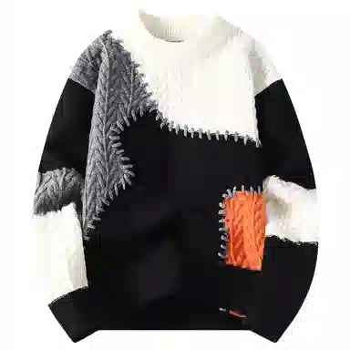 洋气先生 美式高街潮牌无性别主义不规则撞色拼接高级感设计潮流慵懒感卫衣日常通勤微阔圆领套头长袖简约休闲时尚百搭针织衫 男女同款