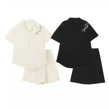 静英鸾 夏季情侣舒适简约设计轻便叶子图案短袖家居服睡衣套装 男女同款
