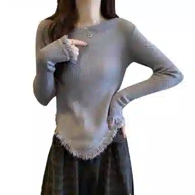 棉购 纯色修身适中圆领长袖针织衫 女款