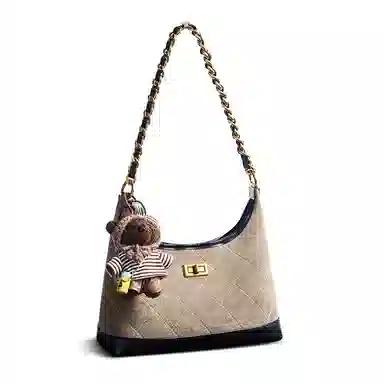 老人头 高级感韩版小众设计美式复古菱格小香风百搭时尚高颜值通勤休闲约会手拎手提腋下包斜挎包女 牛皮拼织物 单肩包 常规 女款 胡桃色