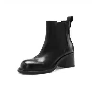 恒源祥 头层牛皮 羊皮内里粗跟经典短靴 中跟百搭简约切尔西靴 女