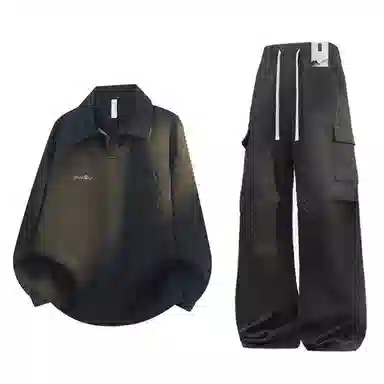 【免搭配一套显高显瘦】布客行 美式复古麻花肌理感简约高级轻奢老钱翻领长袖卫衣可拆卸别针工装弯刀直筒春秋百搭舒适休闲套装 男女同款